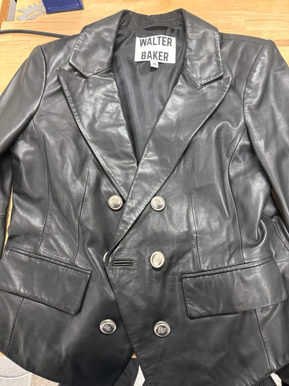 Walter Baker Black lamb Leather Double-Breasted Pea Coat with Silver Buttons